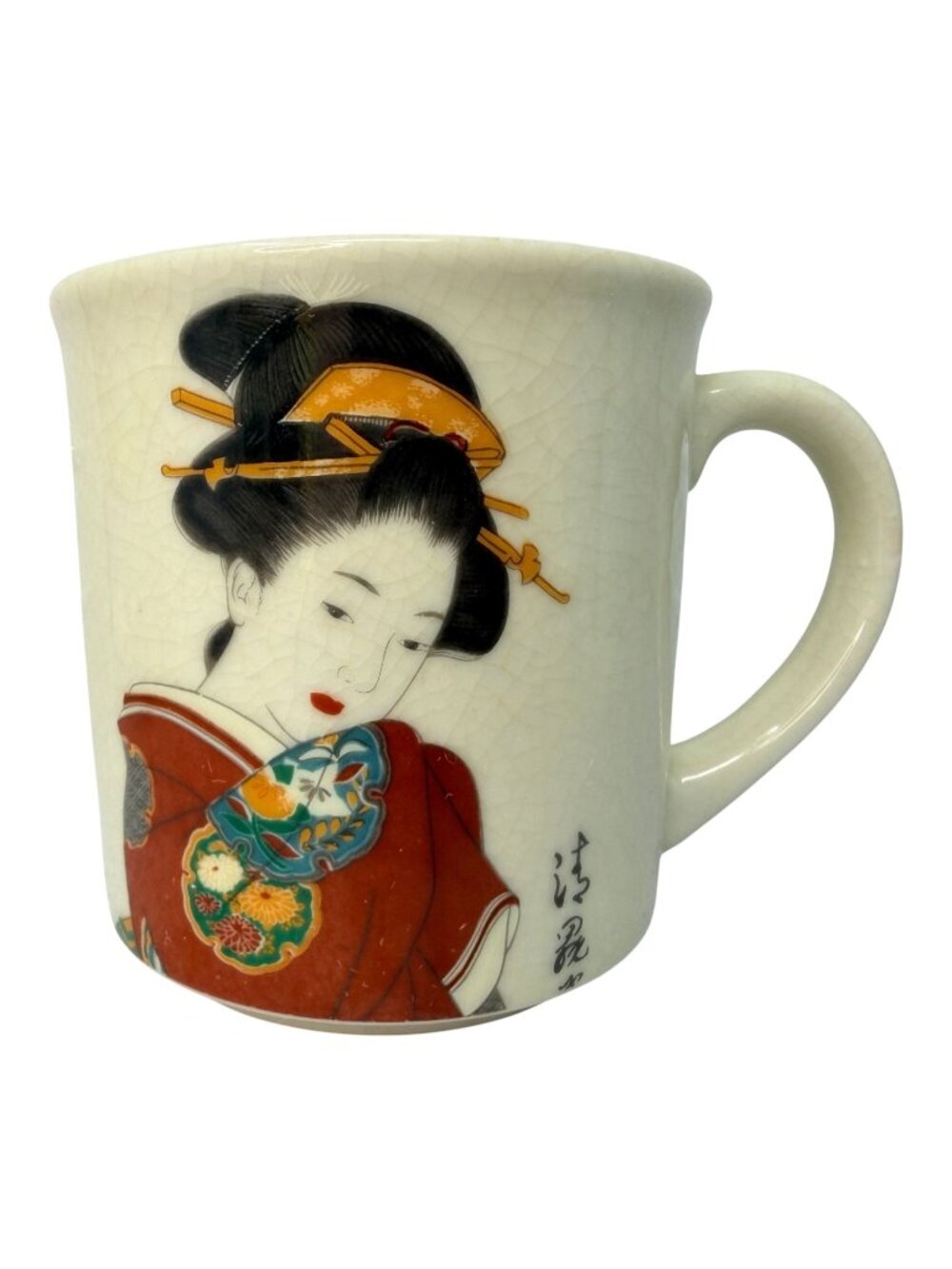 Antique Kutani Geisha Girl Teacup‎ Japanese Porcelain Hand Painted Crazed 1920s